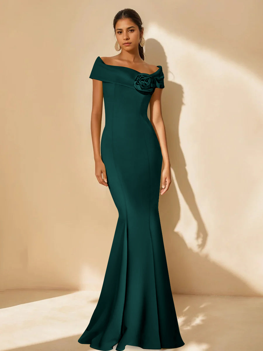Minimalist Off the Shoulder Mother of the Bride Dresses in Trumpet Mermaid Style with Detachable Flower