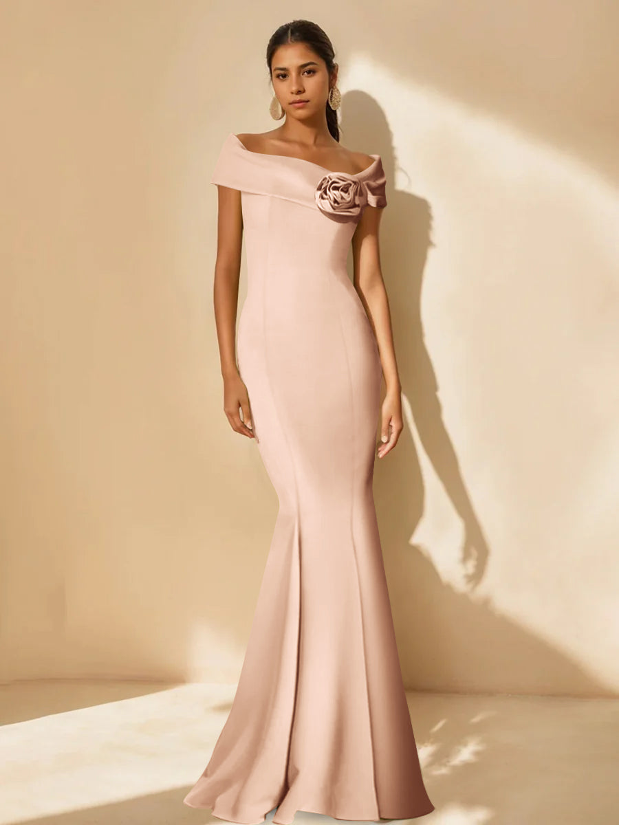 Minimalist Off the Shoulder Mother of the Bride Dresses in Trumpet Mermaid Style with Detachable Flower