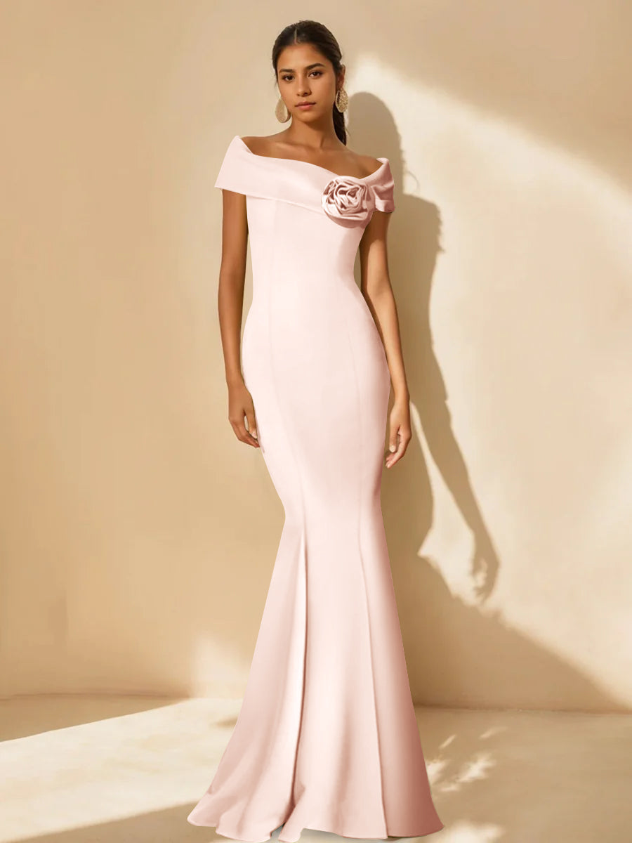 Minimalist Off the Shoulder Mother of the Bride Dresses in Trumpet Mermaid Style with Detachable Flower