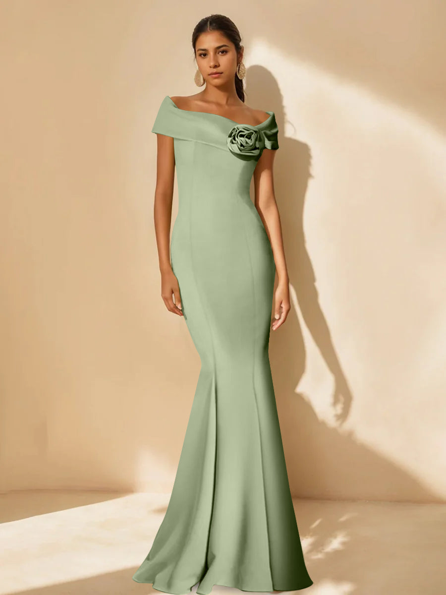 Minimalist Off the Shoulder Mother of the Bride Dresses in Trumpet Mermaid Style with Detachable Flower