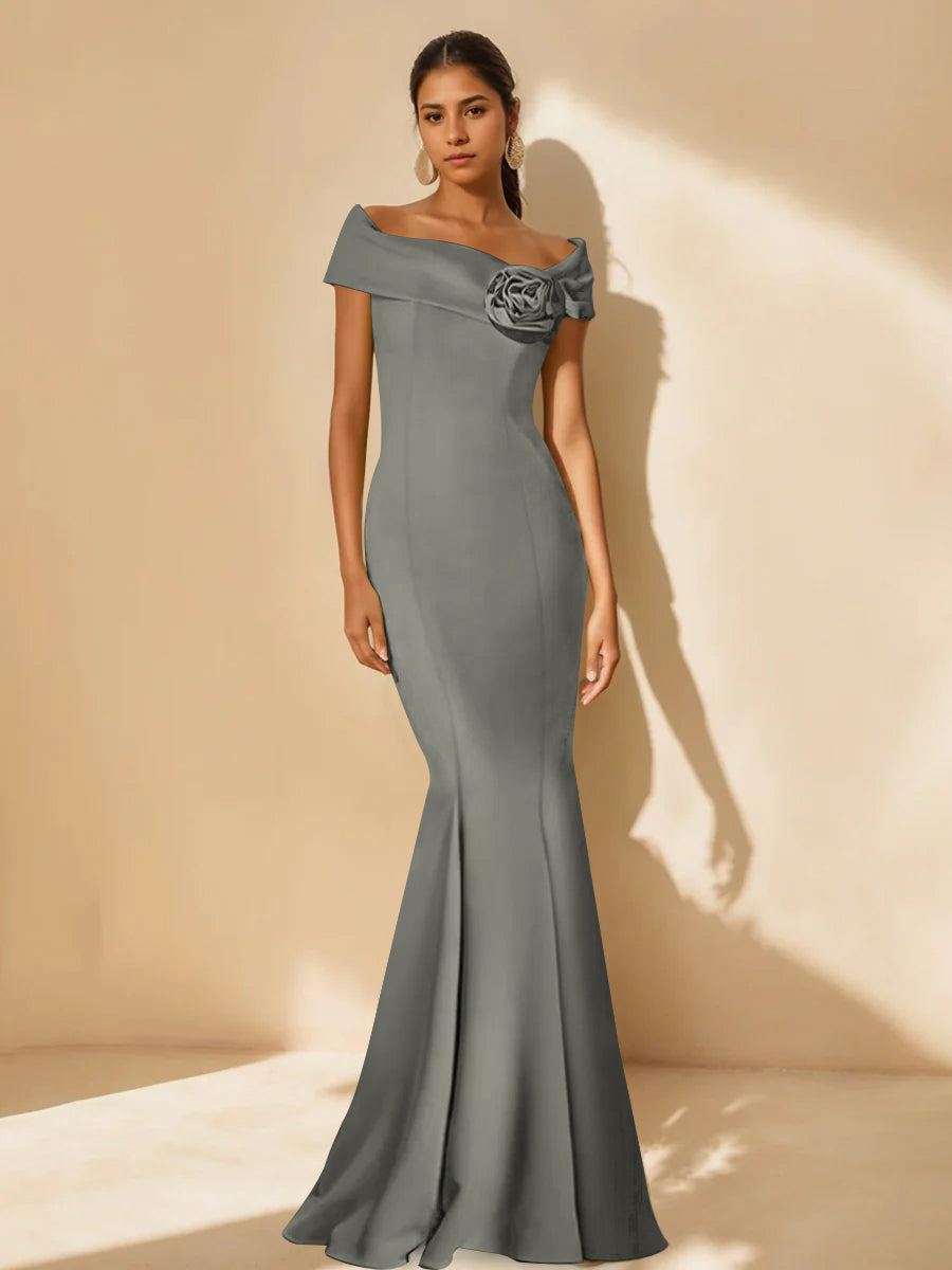 Minimalist Off the Shoulder Mother of the Bride Dresses in Trumpet Mermaid Style with Detachable Flower