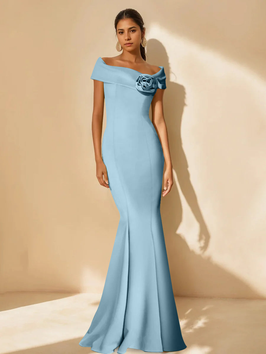 Minimalist Off the Shoulder Mother of the Bride Dresses in Trumpet Mermaid Style with Detachable Flower