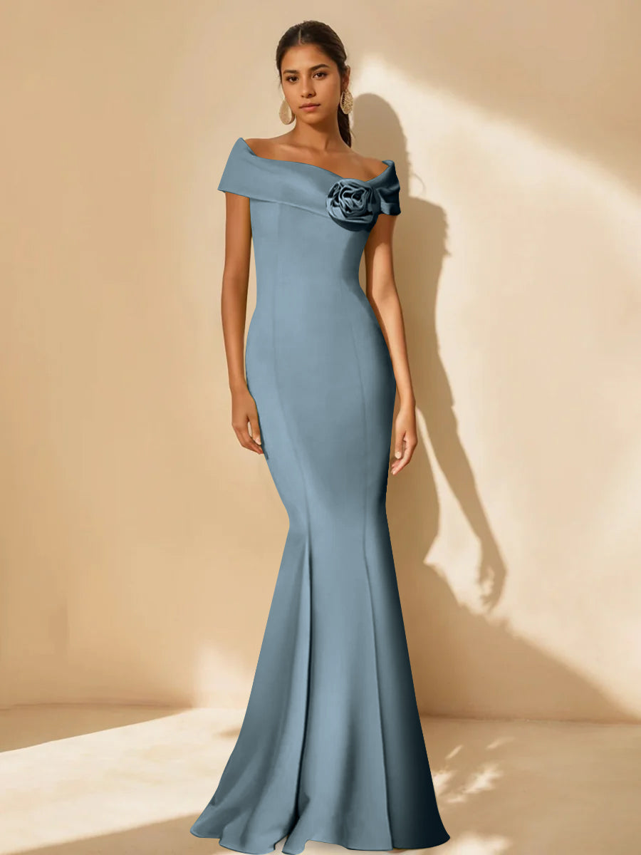 Minimalist Off the Shoulder Mother of the Bride Dresses in Trumpet Mermaid Style with Detachable Flower