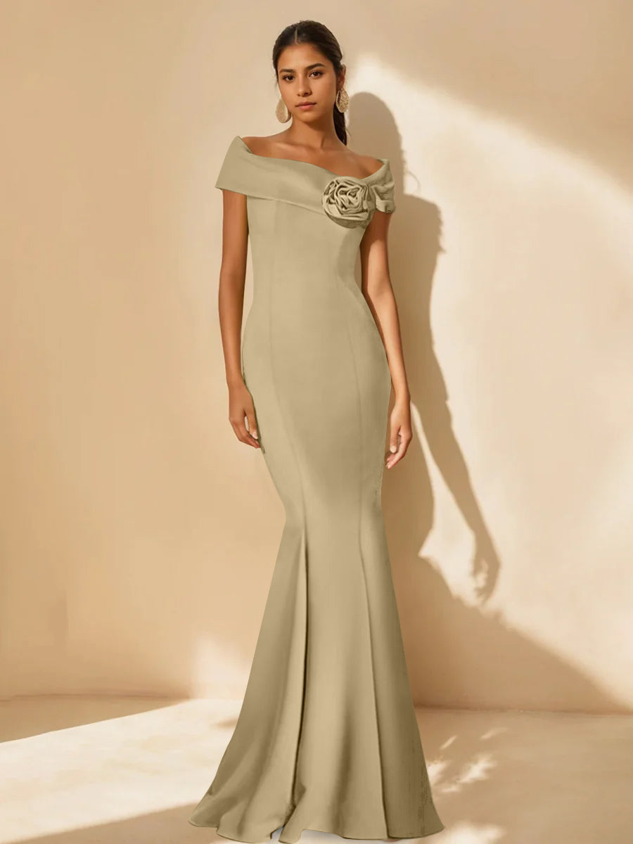 Minimalist Off the Shoulder Mother of the Bride Dresses in Trumpet Mermaid Style with Detachable Flower