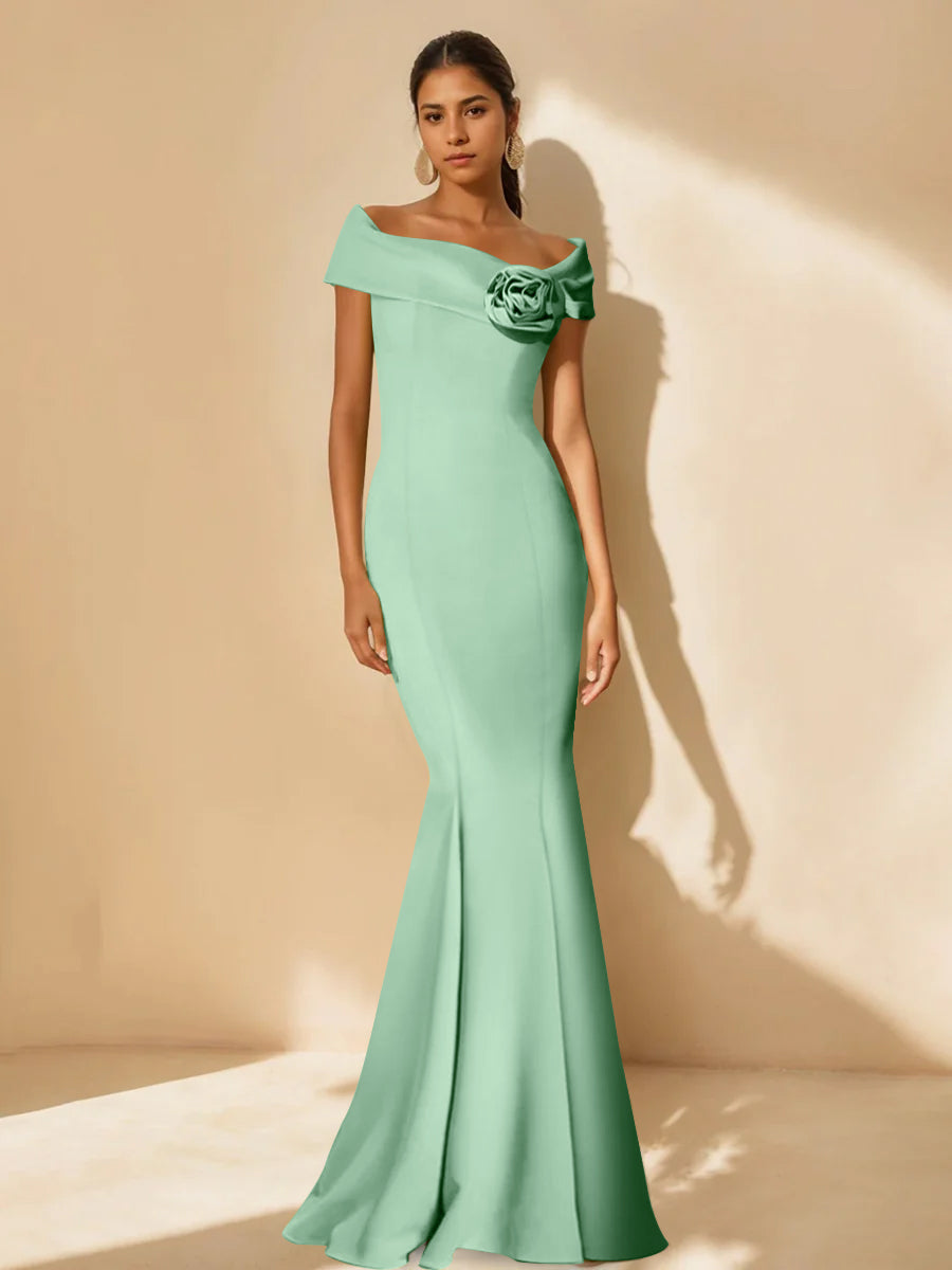Minimalist Off the Shoulder Mother of the Bride Dresses in Trumpet Mermaid Style with Detachable Flower