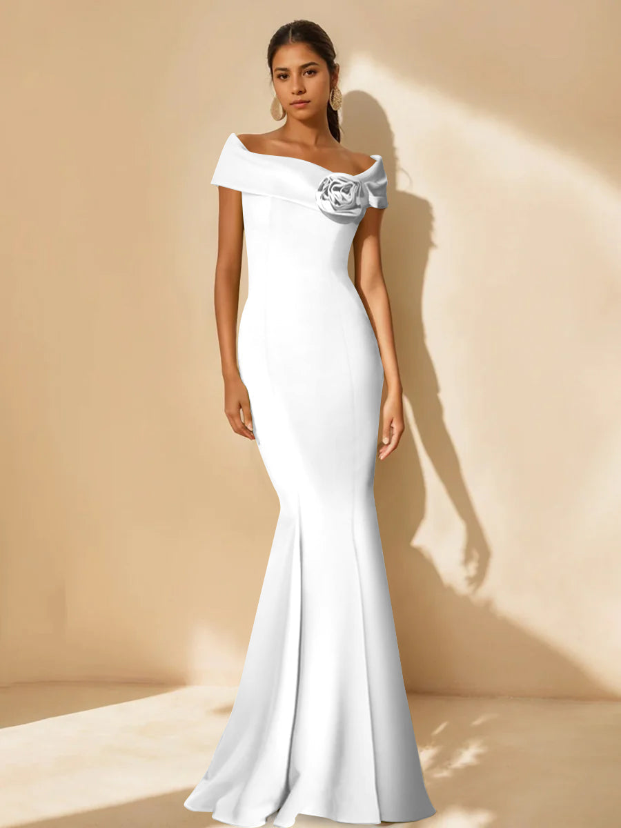 Minimalist Off the Shoulder Mother of the Bride Dresses in Trumpet Mermaid Style with Detachable Flower