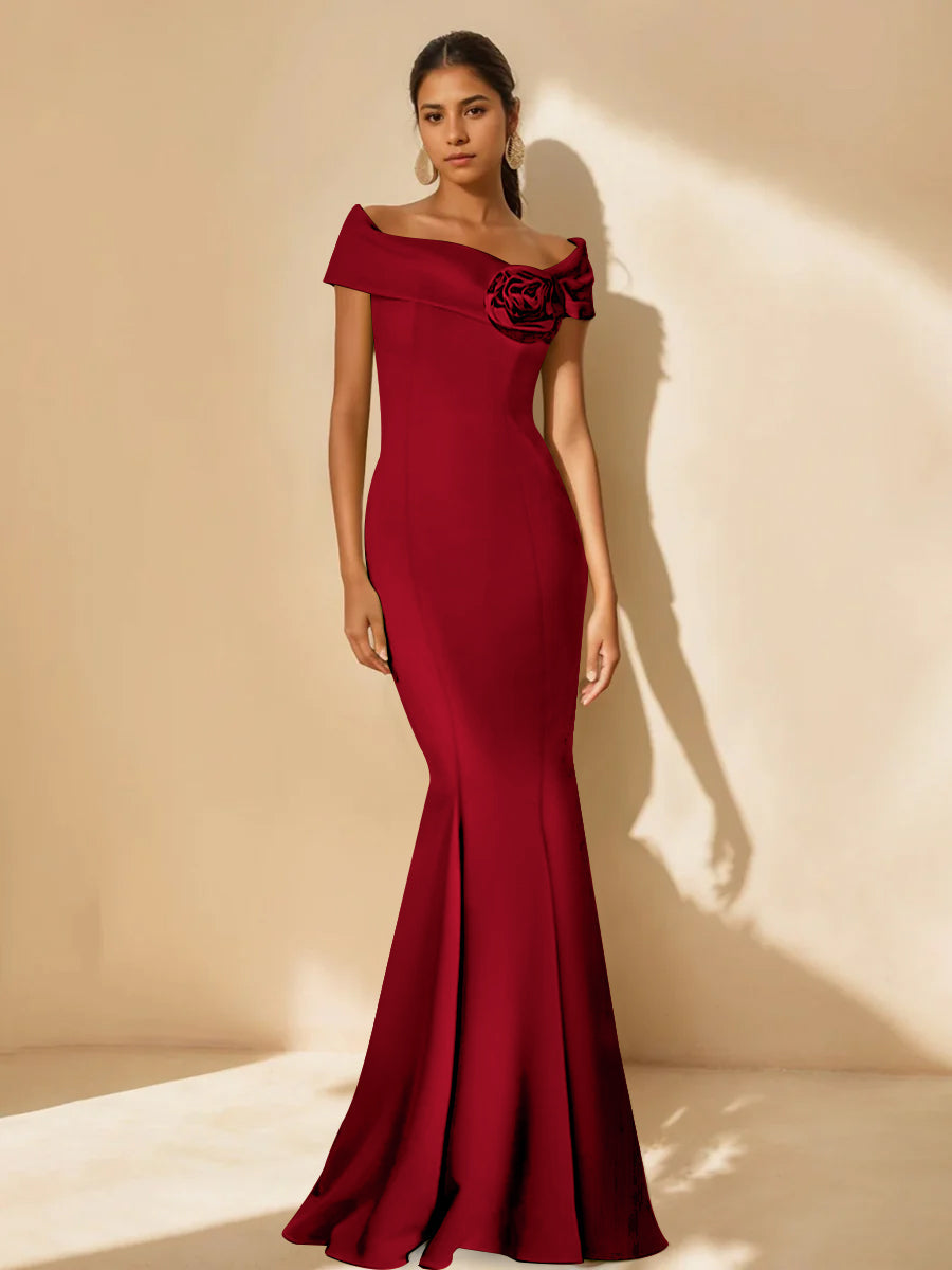 Minimalist Off the Shoulder Mother of the Bride Dresses in Trumpet Mermaid Style with Detachable Flower