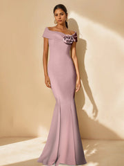 Minimalist Off the Shoulder Mother of the Bride Dresses in Trumpet Mermaid Style with Detachable Flower