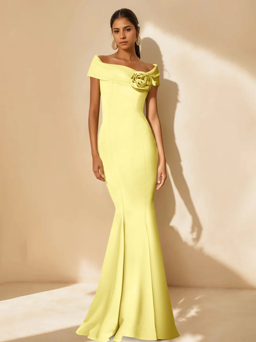 Minimalist Off the Shoulder Mother of the Bride Dresses in Trumpet Mermaid Style with Detachable Flower