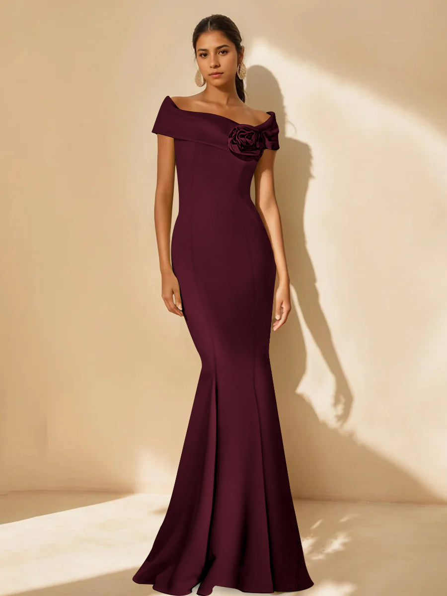 Minimalist Off the Shoulder Mother of the Bride Dresses in Trumpet Mermaid Style with Detachable Flower