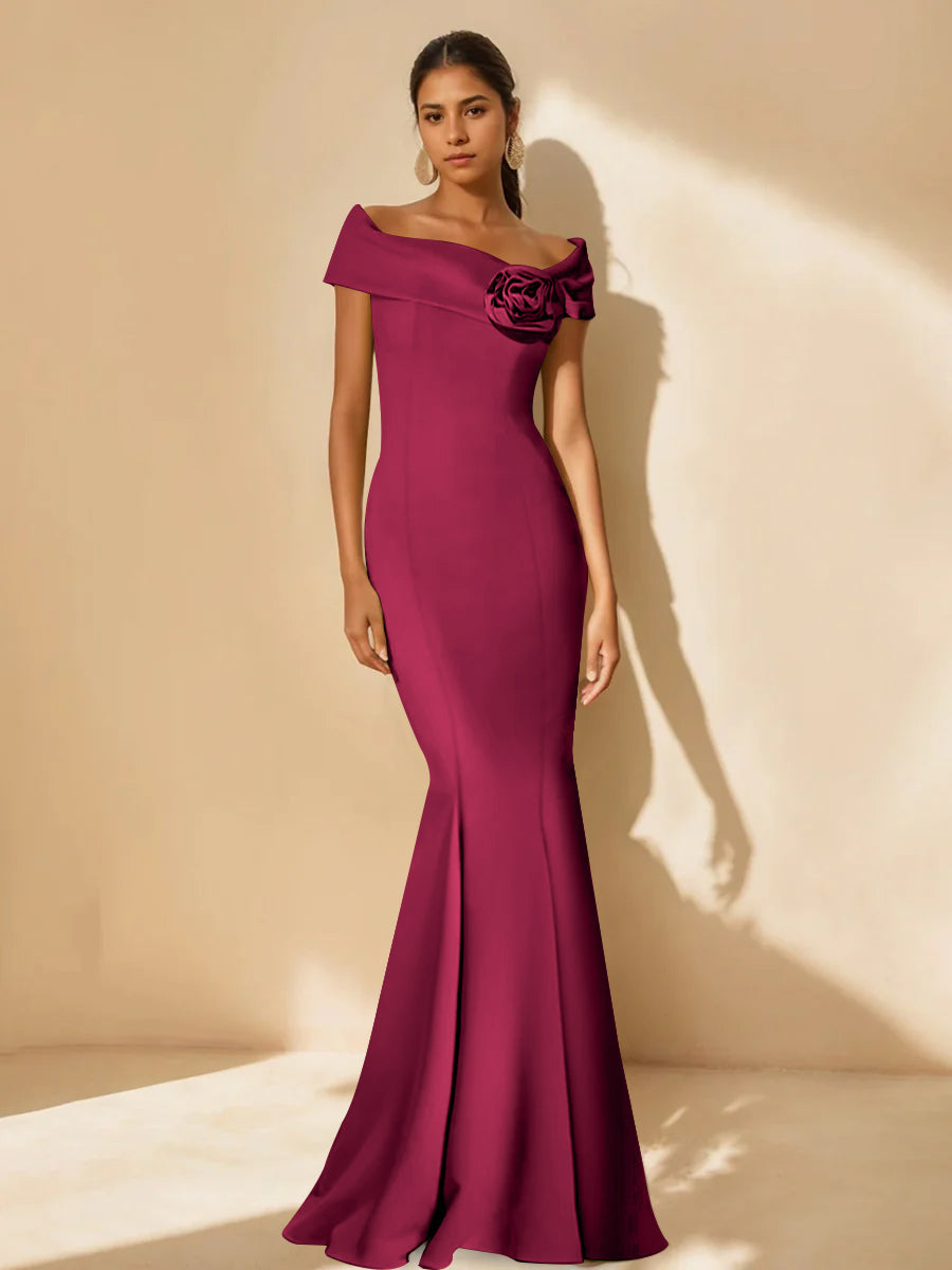 Minimalist Off the Shoulder Mother of the Bride Dresses in Trumpet Mermaid Style with Detachable Flower