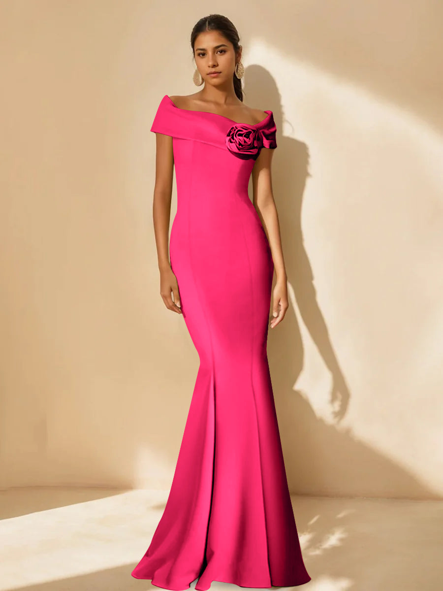 Minimalist Off the Shoulder Mother of the Bride Dresses in Trumpet Mermaid Style with Detachable Flower