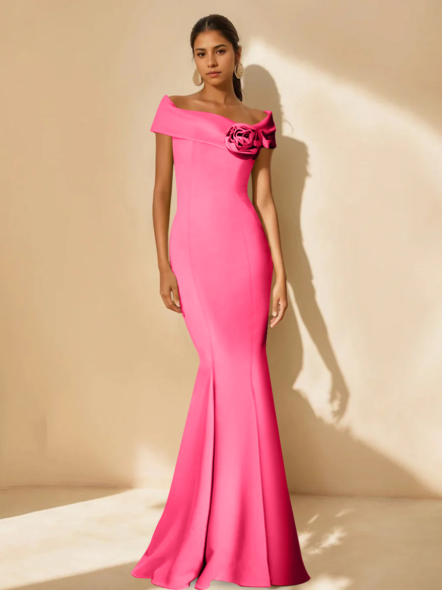 Minimalist Off the Shoulder Mother of the Bride Dresses in Trumpet Mermaid Style with Detachable Flower