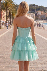 Mint Corset Short Beaded A Line Strapless Homecoming Dress with Ruffles