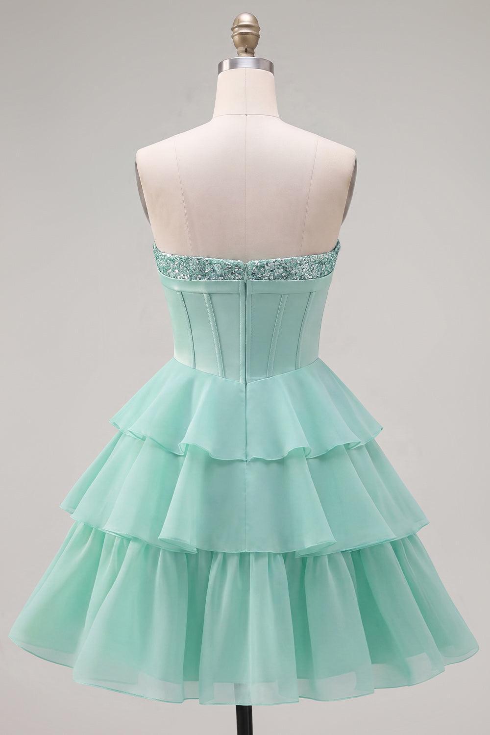 Mint Corset Short Beaded A Line Strapless Homecoming Dress with Ruffles