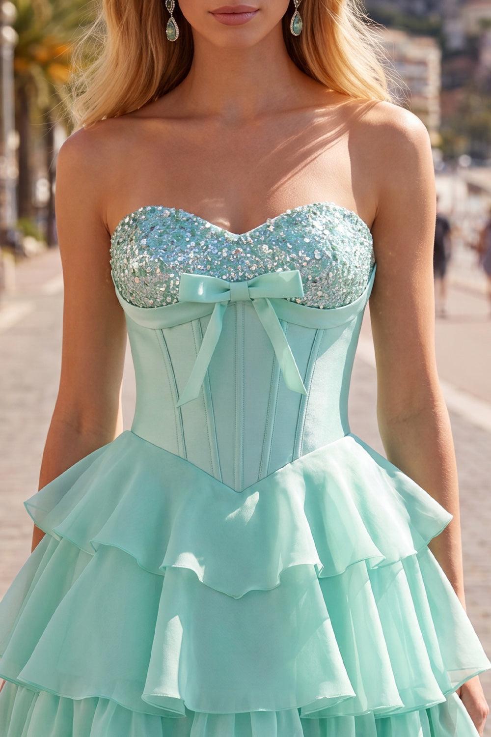 Mint Corset Short Beaded A Line Strapless Homecoming Dress with Ruffles