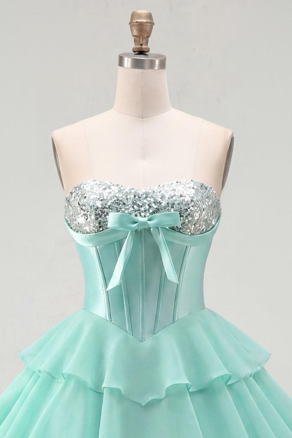 Mint Corset Short Beaded A Line Strapless Homecoming Dress with Ruffles