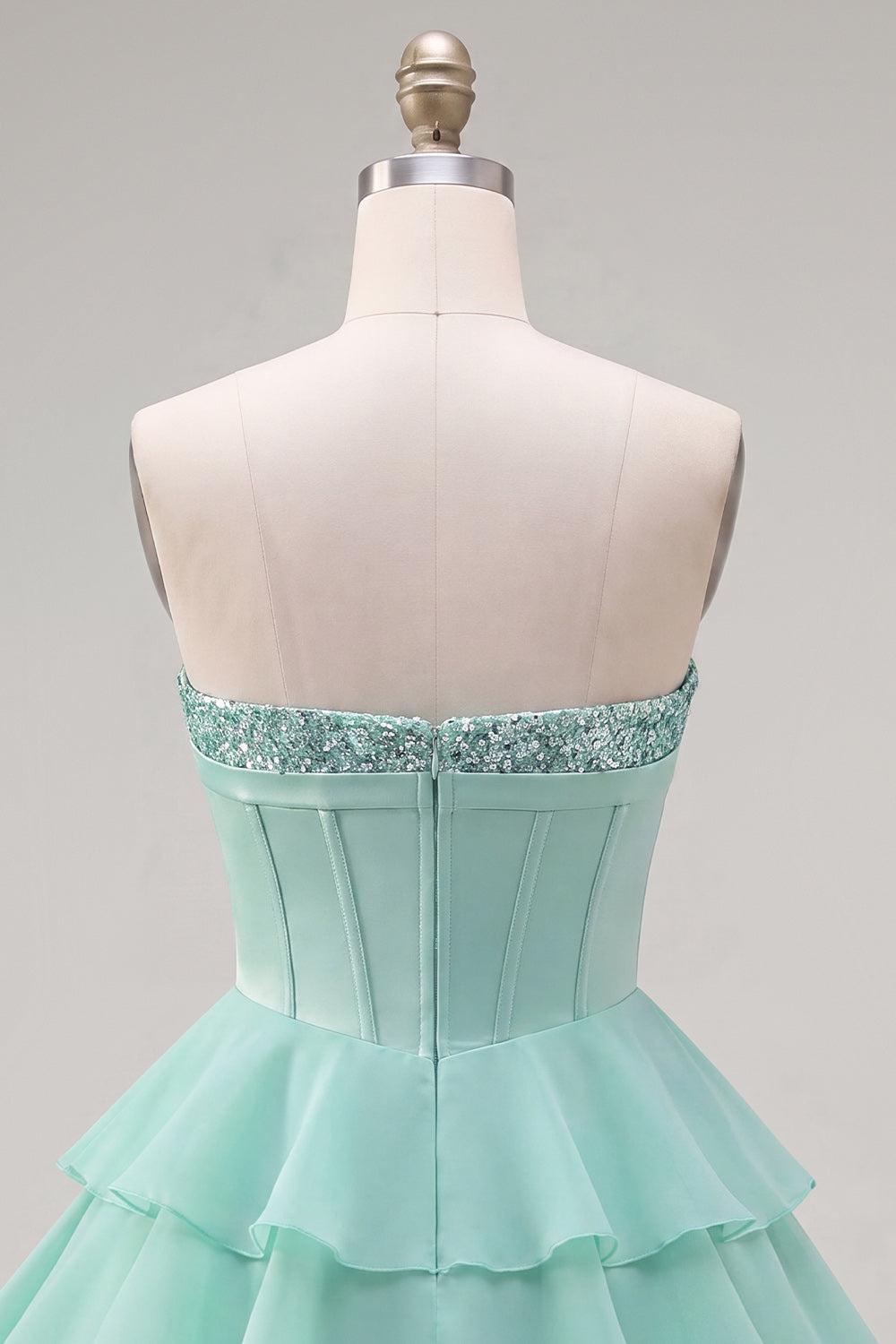 Mint Corset Short Beaded A Line Strapless Homecoming Dress with Ruffles