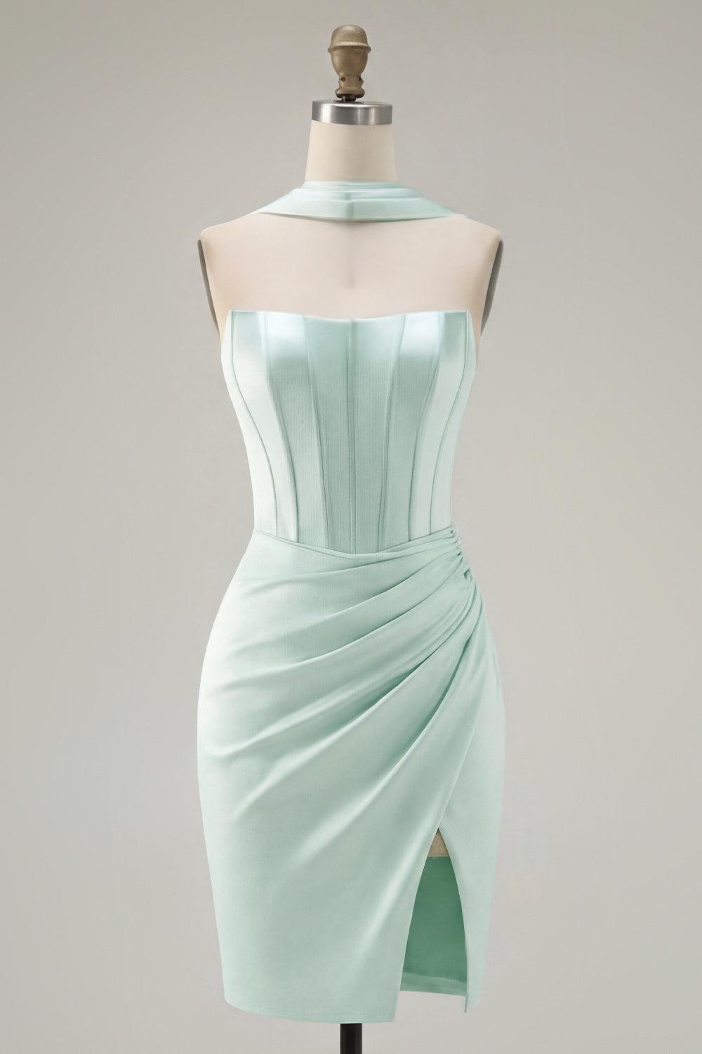 Mint Corset Short Tight Strapless Ruched Homecoming Dress with Slit