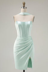 Mint Corset Short Tight Strapless Ruched Homecoming Dress with Slit