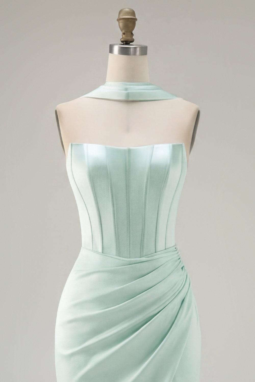 Mint Corset Short Tight Strapless Ruched Homecoming Dress with Slit