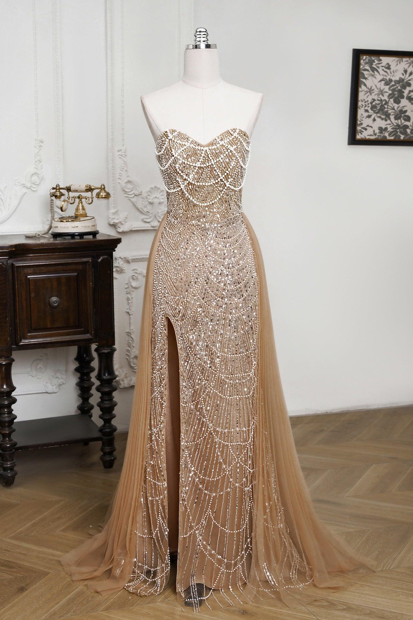 Mint Green Beaded Formal Dress Strapless Sheath Prom Wedding Party Dress with Panel Train