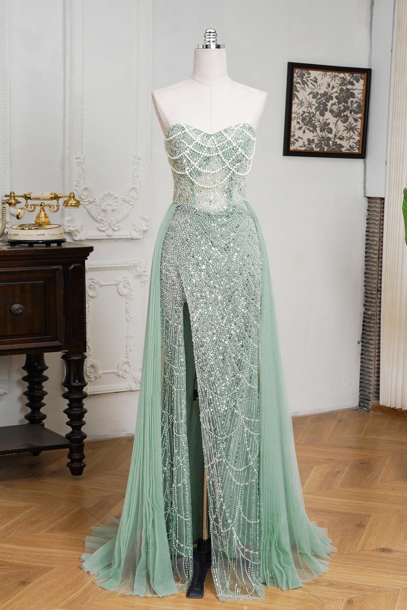 Mint Green Beaded Formal Dress Strapless Sheath Prom Wedding Party Dress with Panel Train