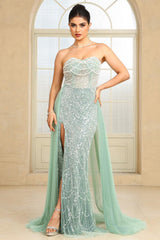 Mint Green Beaded Formal Dress Strapless Sheath Prom Wedding Party Dress with Panel Train