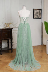 Mint Green Beaded Formal Dress Strapless Sheath Wedding Party Dress with Panel Train