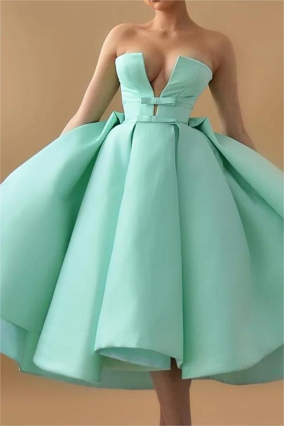 Mint Green Homecoming Dress Strapless Sleeveless A Line Cocktail Dress With Ruffles