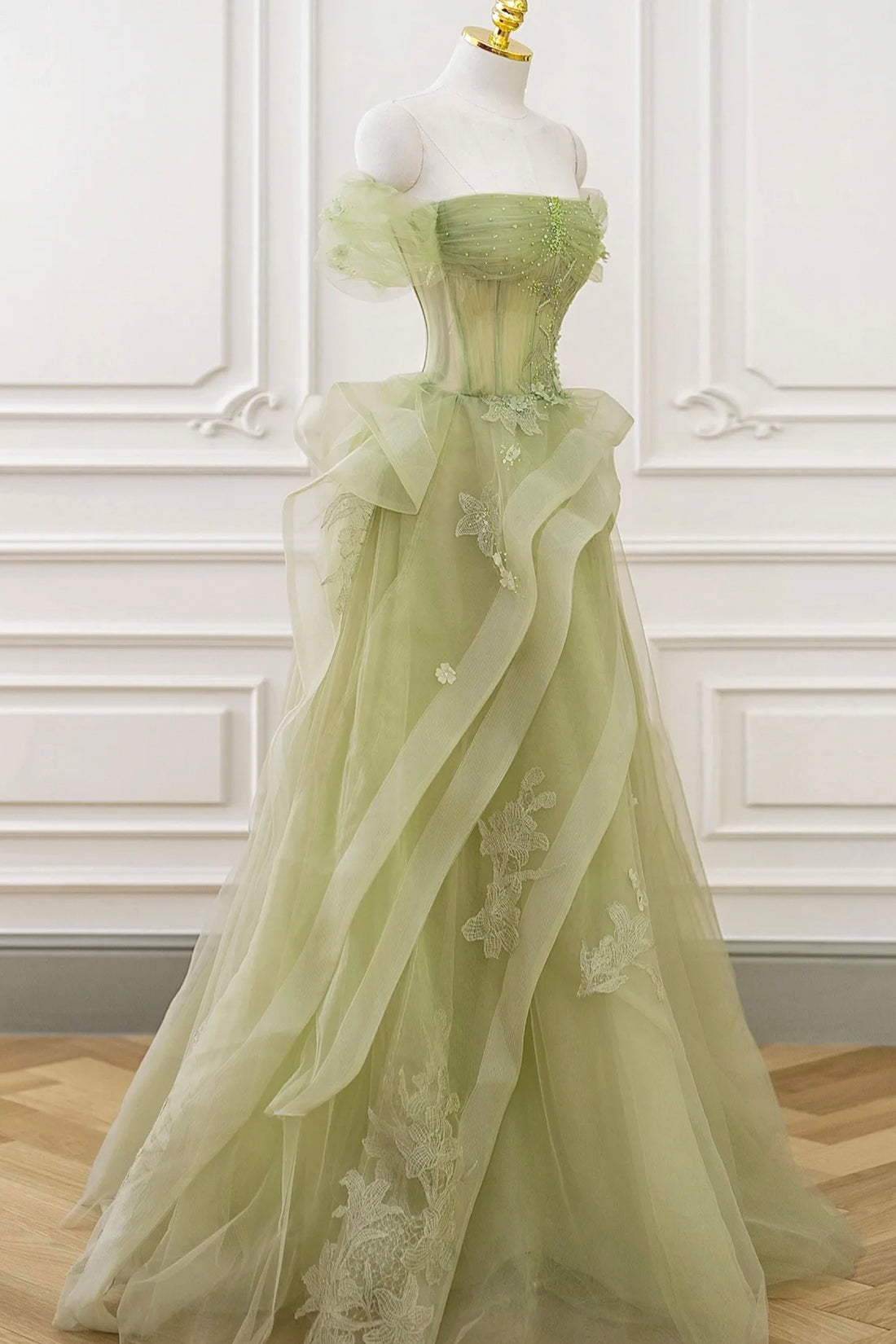 Mint Green Prom Dress Tulle Lace Long Elegant Corset Formal Party Evening Dress