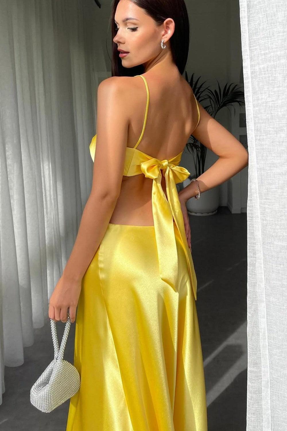 Royal Blue Satin Cutout Prom Dress With Bow Bodice Spaghetti Straps Formal Evening Gown