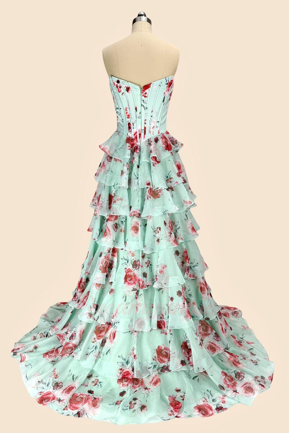 Mint Green Watercolor Floral Strapless Prom Dress With Sweetheart Tiered Chiffon Train Formal Evening Gown