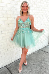 Mint Homecoming Dress A Line Corset Short Prom Dress With 3D Flowers