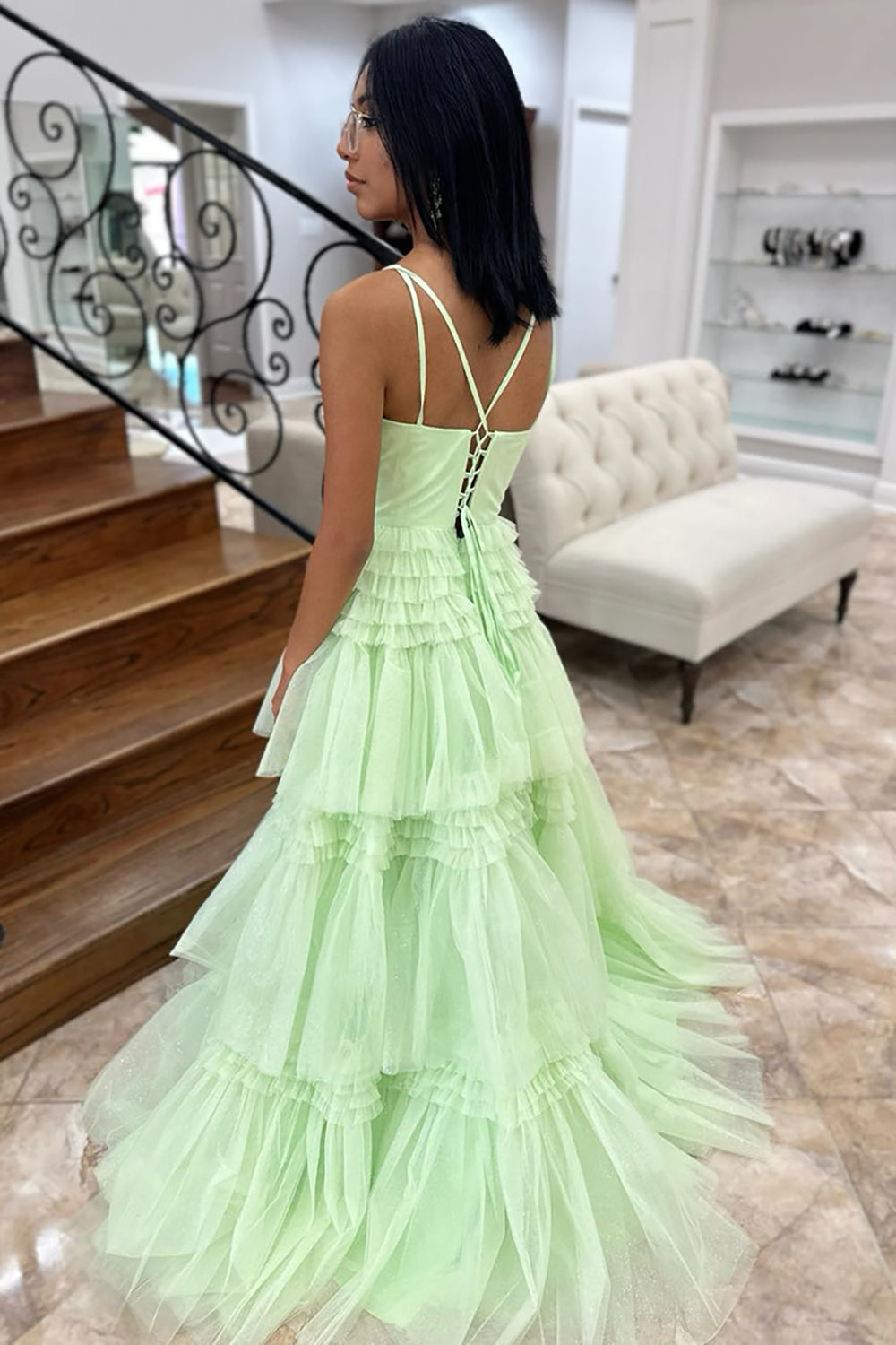 Mint Prom Dress Ruffled Tulle Long Formal Dress