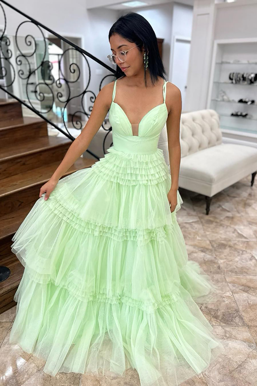 Mint Prom Dress Ruffled Tulle Long Formal Dress