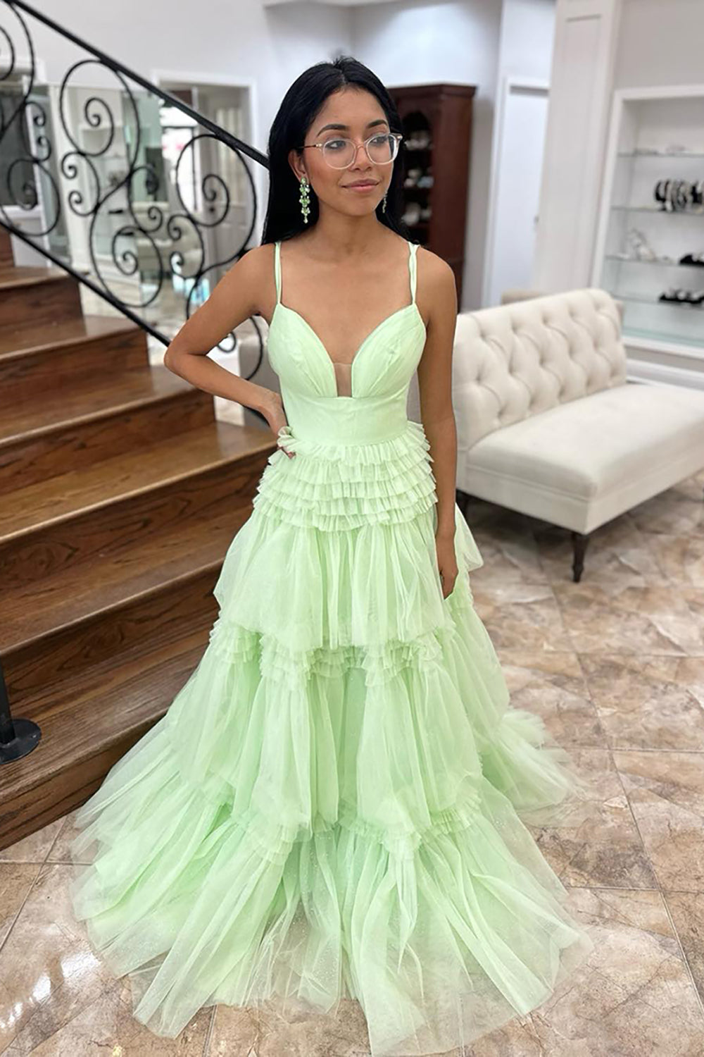 Mint Prom Dress Ruffled Tulle Long Formal Dress