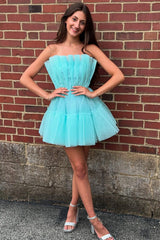 Mint Ruched A Line Homecoming Dresses Ruffled Strapless Short Cocktail Dresses