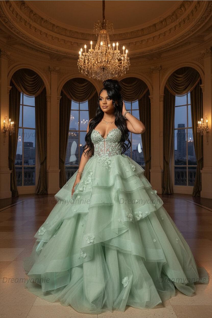 Dreamyannie Sage Prom Dress Floral Tiered Ruffles A-Line Sweetheart Corset Long Formal Dress