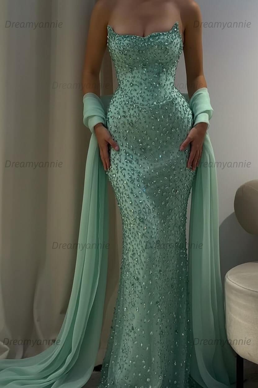 Pink Mermaid Prom Dress Strapless Beaded Formal Dress