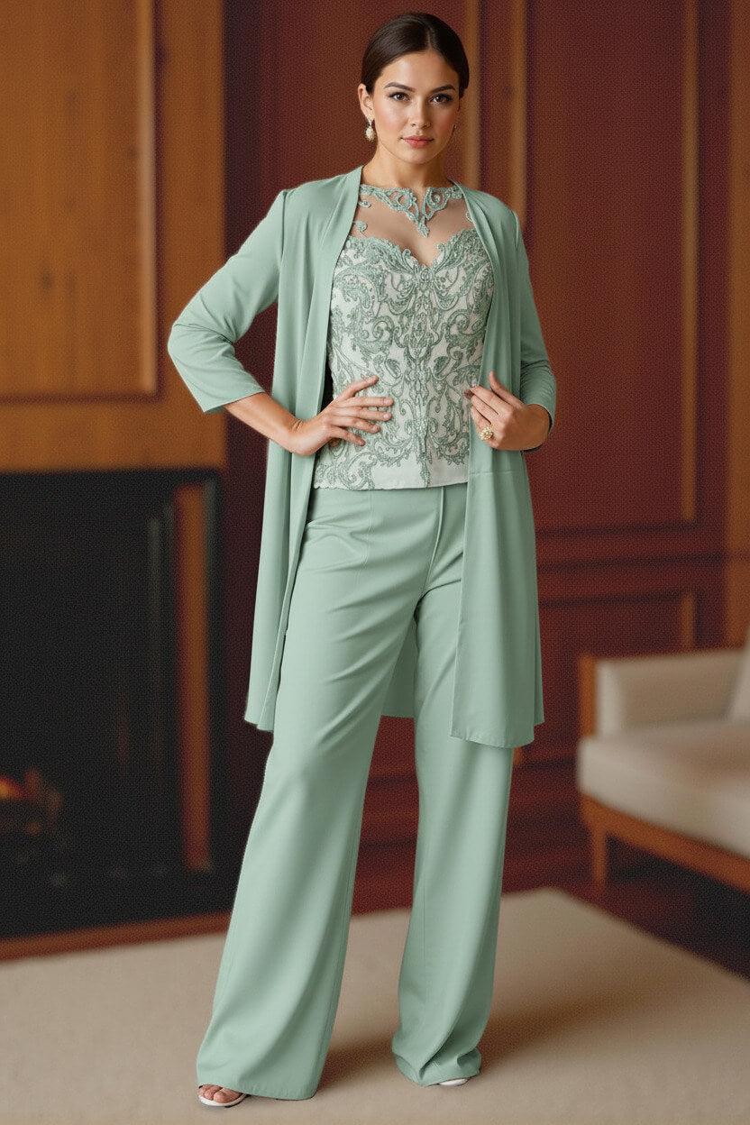 Dreamyannie Light Blue Bateau Neck Chiffon 3 Piece Mother Of The Bride Pant Suits With Jacket