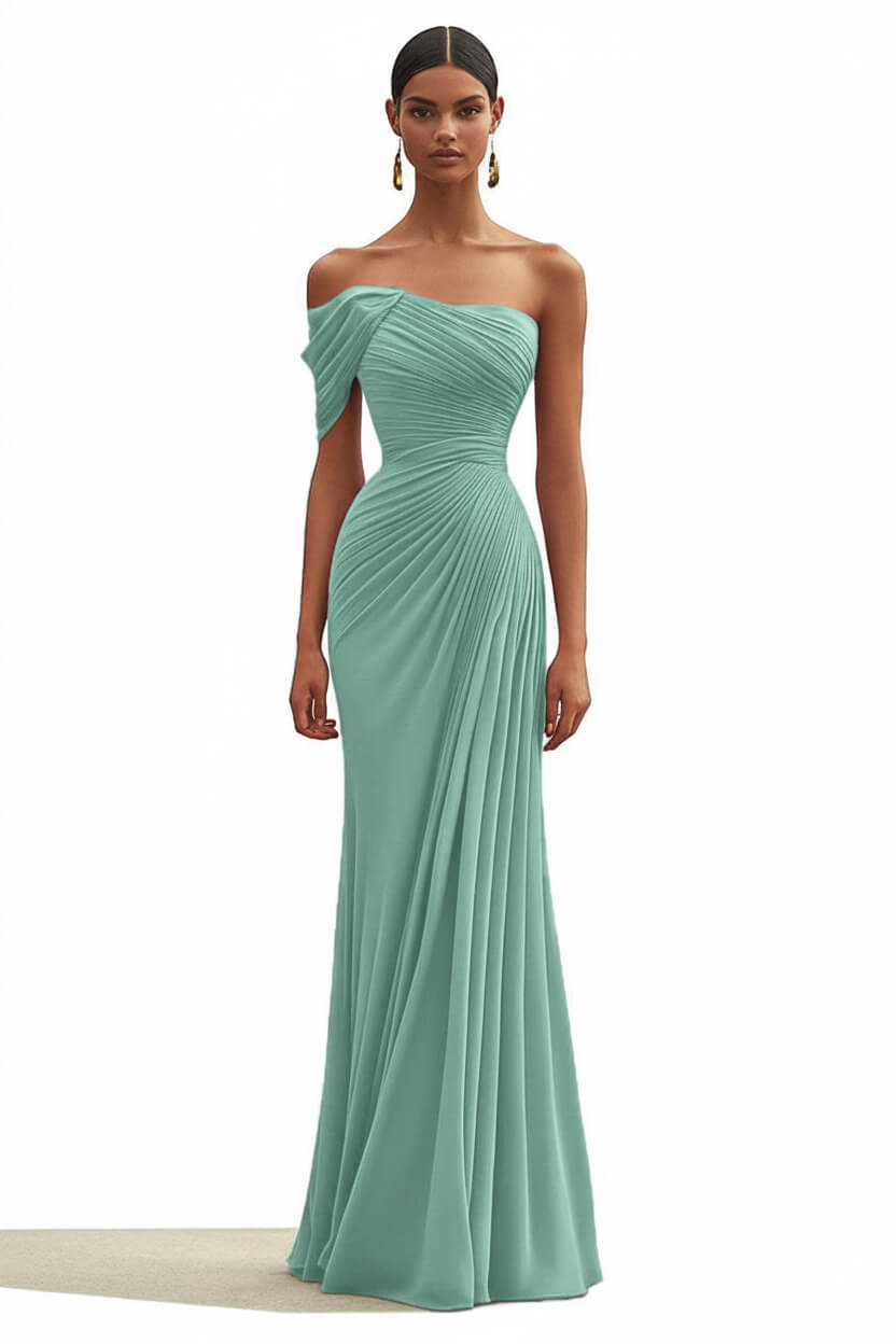 Dreamyannie One Shoulder Ruched Mermaid Dark Green Wedding Guest Dress Long Formal Dress