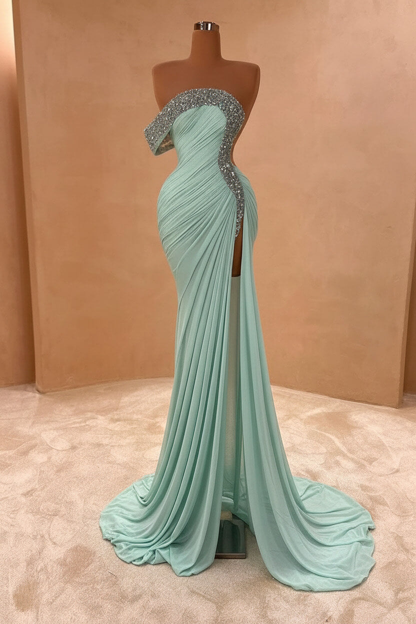 Blue Mermaid Prom Dress One Shoulder Beaded Formal Dress