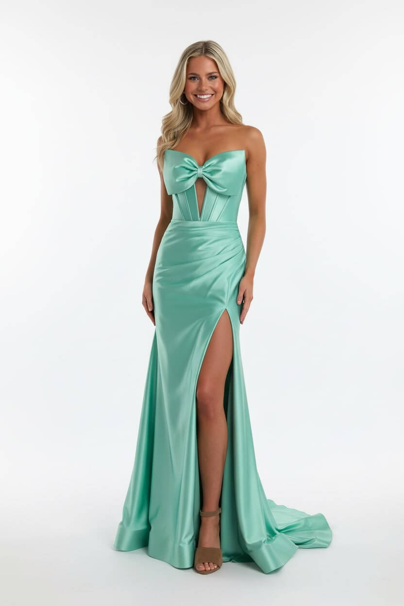 Dreamyannie Corset Red Prom Dress Satin Sweetheart Formal Dress With Slit