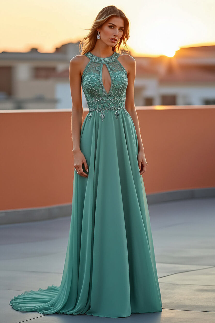 Dreamyannie Beaded Navy Wedding Guest Dress Halter Long Formal Dress With Embroideries