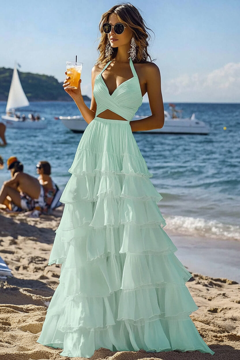 Dreamyannie Halter Tiered White 2 Piece Ruffled Formal Dress