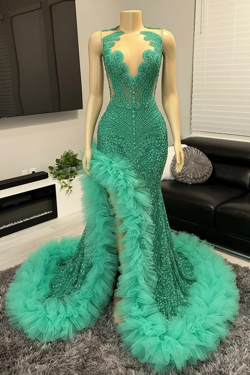 Mermaid Beaded Prom Dress Tulle Ruffles Sequined Formal Dress