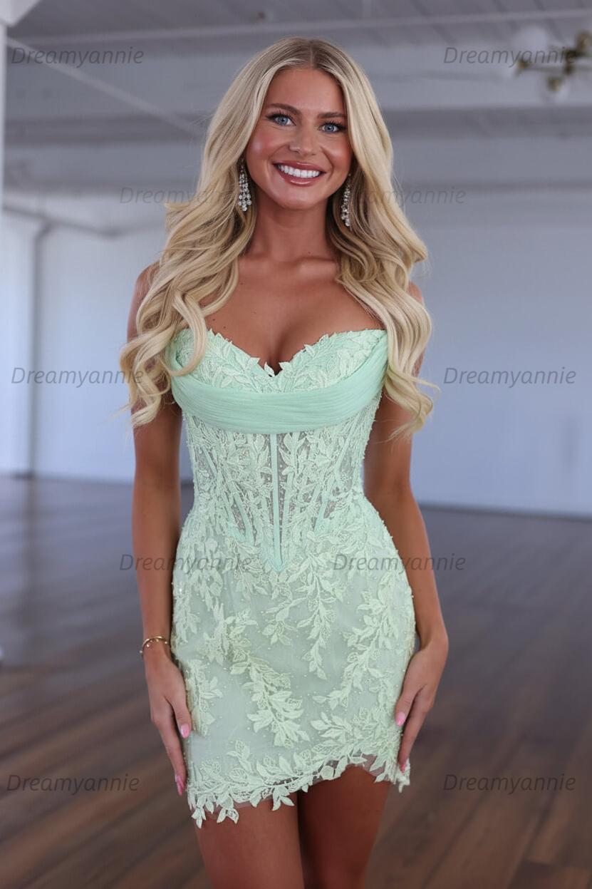 Red Lace Applique Strapless Corset Bodycon Homecoming Dress
