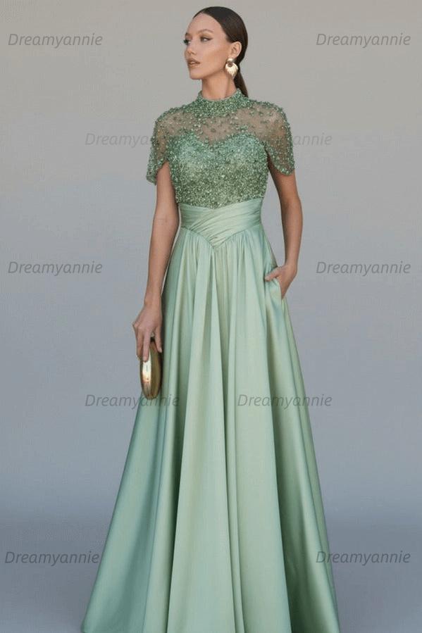 Green A Line Prom Dress Short Sleeve High Neck Beaded Formal Dress