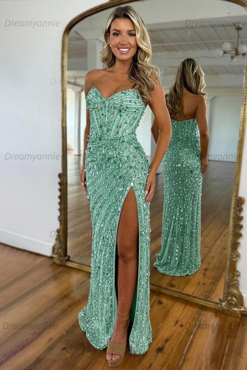 Sweetheart Mermaid Sequined Prom Dress With High Slit Skirt Formal Evening Gown